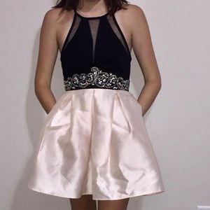 blush pink and black formal dress